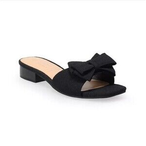 NWOB Lauren Conrad Poppy Black Fabric Bow Slip On Sandals Slides Sz 11